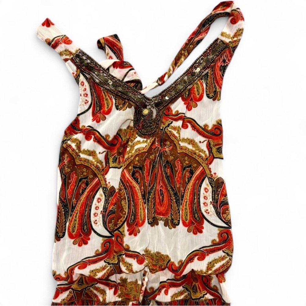 Paisley-Print Women’s Boho Top in Cream and Red with Embellishment neckline